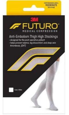 DESCRIPTION: (4) PACKS OF (10) ANTI-EMBOLISM STOCKINGS BRAND/MODEL: FUTURO/20119E INFORMATION: WHITE/CLOSED TOE RETAIL$: 40.99 EACH SIZE: MEDIUM QTY: