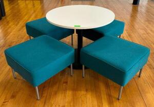 DESCRIPTION: 3' TABLE WITH (4) CUSHION SEATING SET LOCATION: MAIN FLOOR QTY: 1