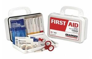 DESCRIPTION: (2) FIRST AID KIT BRAND/MODEL: GRAINGER/59290 INFORMATION: WHITE/66-COMPONENTS/PEOPLE SERVED: 0-10 RETAIL$: 22.44 EACH SIZE: 5"H X 3"W X