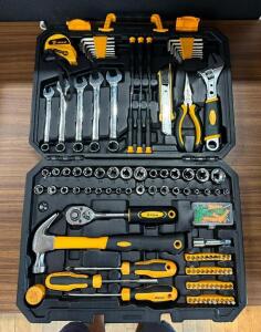 DESCRIPTION: 158PC GENERAL HOUSEHOLD TOOL SET BRAND/MODEL: DEKO DKMT15B LOCATION: MAIN FLOOR QTY: 1