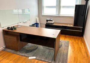 DESCRIPTION: WOODEN DESK WITH CREDENZA AND CABINET INFORMATION: SEE PHOTOS FOR CABINET LOCATION: 2ND FLOOR QTY: 1