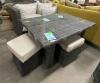 PATIO DINNING TABLE WITH LOVESEAT / STOOLS AND CUSHIONS