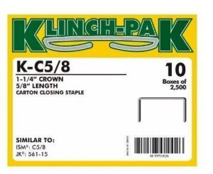 DESCRIPTION: (1) CASE OF (25000) CLOSING STAPLES BRAND/MODEL: KLINCH-PAK #39253380 SIZE: 1-1/4 5/8 RETAIL$: $256.18 EA QTY: 1