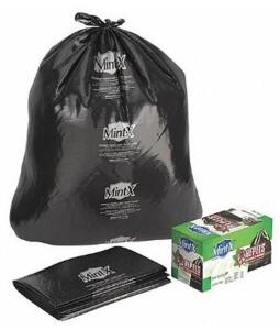 DESCRIPTION: (1) PACK OF (100) RECYCLED TRASH BAGS BRAND/MODEL: MINT-X/MX3858XHB INFORMATION: BLACK/RODENT-REPELLENT RETAIL$: 40.78 PER PKG OF 100 SIZ