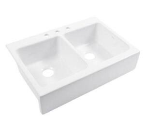 34? Quick-Fit Drop-in Farmhouse Fireclay Double Bowl Kitchen Sink