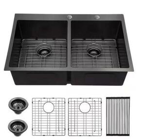 Gunmetal Black 16-Gauge Stainless Steel 33 in. Double Bowl 50/50 Drop-In Kitchen Sink with Bottom Grid