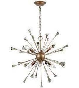 DESCRIPTION: (1) CHANDELIER BRAND/MODEL: ELK SPRINGS NY #33020/6 INFORMATION: GOLD RETAIL$: $652.00 SIZE: 25"W X 25"D X 24"H QTY: 1