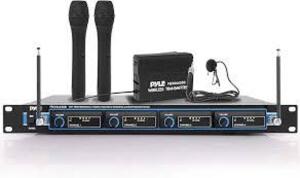 DESCRIPTION: (1) WIRELESS RACK MOUNT MICROPHONE SYSTEM BRAND/MODEL: PYLE #PDWM4300 INFORMATION: BLACK, 4 MIC, VHF RETAIL$: $236.99 EA QTY: 1