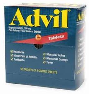 DESCRIPTION: (2) BOXES OF (50) PACKETS OF IBUPROFEN BRAND/MODEL: ADVIL SIZE: 200 MG RETAIL$: $15.00 EA QTY: 2