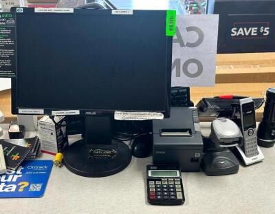 POS SYSTEM WITH COMPUTER, MONITOR, CASH DRAWER, PC, RECEIPT PRINTER, SCANNER, CARD READER AND VARIOUS OTHER ITEMS