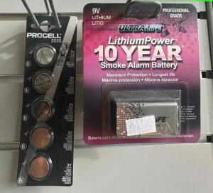 (6) 9V SMOKE ALARM BATTERIES AND (1) PACK OF 3V LITHIUM BATTERIES