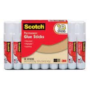 DESCRIPTION: (1) PACK OF (18) PERMANENT GLUE STICKS BRAND/MODEL: SCOTCH #708687 RETAIL$: $5.00 SIZE: 28 OZ QTY: 1