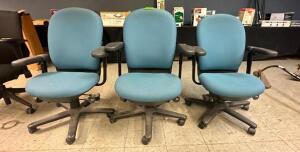 (3)- BLUE OFFICE CHAIRS ON WHEELS