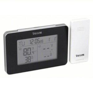 DESCRIPTION: (1) WIRELESS THERMOMETER BRAND/MODEL: TAYLOR #48TA34 INFORMATION: WHITE, INDOOR / OUTDOOR SIZE: 5-1/16 IN W X 3-3/8 IN H (BASE)/1-9/16 IN