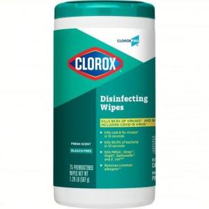 DESCRIPTION: (6) DISINFECTING WIPES BRAND/MODEL: CLOROX #22D015 SIZE: 75 WIPES PER CONTAINER RETAIL$: $67.29 TOTAL QTY: 6