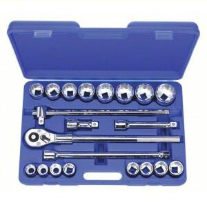 DESCRIPTION: (1) SOCKET WRENCH SET BRAND/MODEL: WESTWARD #4YP81 INFORMATION: BLUE BOX, CHROME, 21 PIECES SIZE: 3/4 IN DRIVE SIZE, 7/8 IN TO 2 IN SOCKE