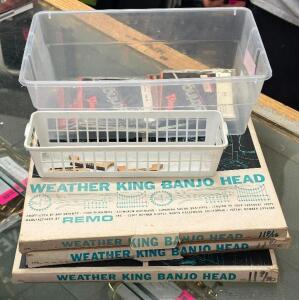 ASSORTED BANJO HEADS, STRINGS AND PARTS AS SHOWN