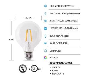 60-Watt Equivalent G25 Globe Dimmable Filament ENERGY STAR Clear E26 LED Vintage Edison LIght Bulb, Soft White (12-Pack)