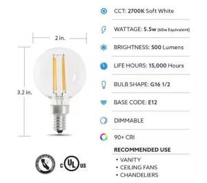 60-Watt Equivalent G16.5 Globe Dimmable Filament ENERGY STAR Clear E12 LED Vintage Edison LIght Bulb, Soft White 24-Pack