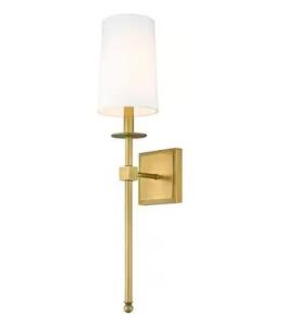 1-Light Rubbed Brass Wall Sconce with White Fabric Shade