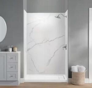 48 in. x 34 in. x 78 in. Four Piece Glue-Up Alcove Shower Wall Surround in Calacatta White Marble