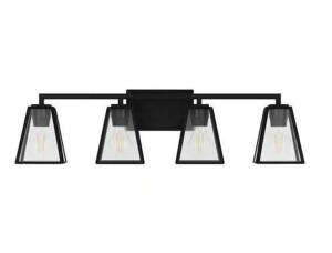 Mackenzie Place 30 in. 4-Light Matte Black Modern Bathroom Vanity Light with Clear Glass Shades