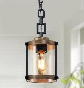 Modern Farmhouse Brown Chandelier 1-Light 6 in. Black Drum Mini Island Pendant Light with Seeded Glass Shades