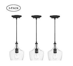 1-Light Black Kitchen Island Pendant with Clear Glass (3-Pack)