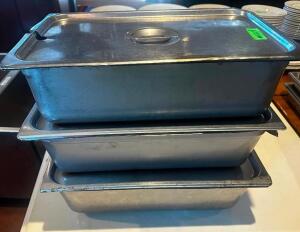 DESCRIPTION (3) FULL SIZE STAINLESS INSERTS W/ LIDS SIZE 6" DEEP THIS LOT IS: SOLD BY THE PIECE LOCATION ROOM 1 QTY 3