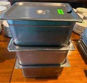 DESCRIPTION (3) HALF SIZE STAINLESS INSERTS W/ LIDS SIZE 6" DEEP THIS LOT IS: SOLD BY THE PIECE LOCATION ROOM 1 QTY 3