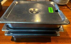 DESCRIPTION (3) HALF SIZE STAINLESS INSERTS W/ LIDS SIZE 2" DEEP THIS LOT IS: SOLD BY THE PIECE LOCATION ROOM 1 QTY 3