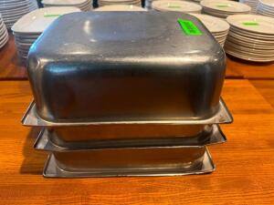 DESCRIPTION (3) HALF SIZE STAINLESS INSERTS. NO LIDS SIZE 6" DEEP THIS LOT IS: SOLD BY THE PIECE LOCATION ROOM 1 QTY 3