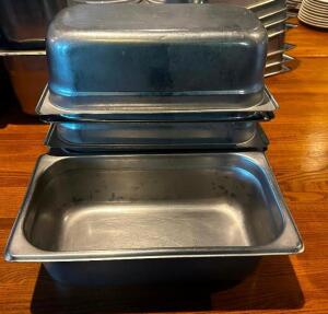 DESCRIPTION (6) 1/3 SIZE STAINLESS INSERTS. NO LIDS SIZE 4" DEEP THIS LOT IS: SOLD BY THE PIECE LOCATION ROOM 1 QTY 6