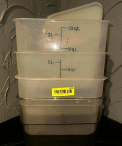 DESCRIPTION (3) 12 QT PLASTIC CONTAINERS W/ LIDS SIZE 12 QT THIS LOT IS: SOLD BY THE PIECE LOCATION ROOM 1 QTY 3