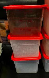 DESCRIPTION (3) 6 QT PLASTIC CONTAINERS W/ LIDS SIZE 6 QT THIS LOT IS: SOLD BY THE PIECE LOCATION ROOM 1 QTY 3