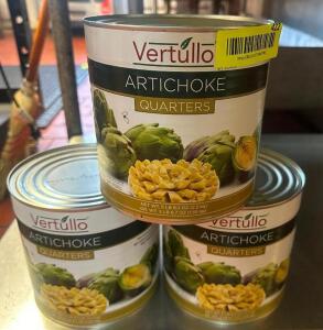 DESCRIPTION (3) #10 CANS OF VERTULLO ARTICHOKE QUARTERS THIS LOT IS: SOLD BY THE PIECE LOCATION KITCHEN QTY 3