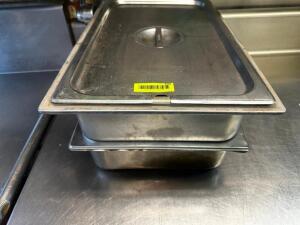 DESCRIPTION (2) FULL SIZE STAINLESS INSERTS W/ LIDS SIZE 4" DEEP THIS LOT IS: SOLD BY THE PIECE LOCATION KITCHEN QTY 2