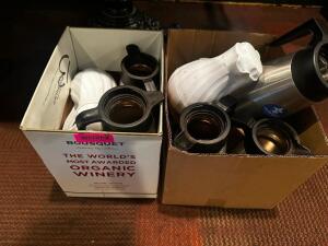 DESCRIPTION (2) BOXES OF ASSORTED STAINLESS BEVERAGE DECANTERS. THIS LOT IS: ONE MONEY LOCATION ROOM 1 QTY 1