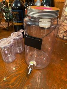 DESCRIPTION GLASS BEVERAGE DECANTER W/ (3) GLASSES. THIS LOT IS: ONE MONEY LOCATION ROOM 3 QTY 1