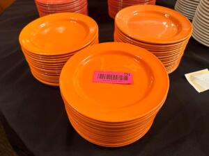 DESCRIPTION (36) 7" ORANGE CERAMIC PLATES. SIZE 7" THIS LOT IS: SOLD BY THE PIECE LOCATION ROOM 3 QTY 36