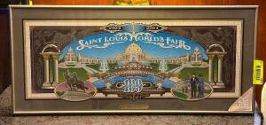 DESCRIPTION: FRAMED ST. LOUIS WORLDS FAIR POSTER SIZE: 26" X 12" LOCATION: ROOM 3 THIS LOT IS: ONE MONEY QTY: 1