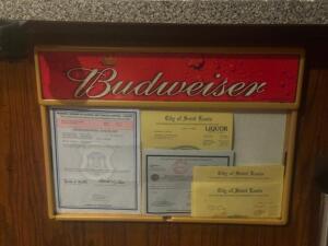 DESCRIPTION: BUDWEISER LICENSE DISPLAY LOCATION: ENTRANCE THIS LOT IS: ONE MONEY QTY: 1