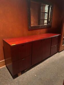 DESCRIPTION: 6 FT. HARDWOOD CREDENZA SIZE: 6' X 21" LOCATION: BANQUET ROOM THIS LOT IS: ONE MONEY QTY: 1