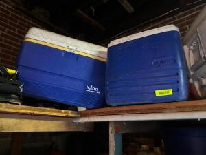 DESCRIPTION: ASSORTED OLD COOLERS ADDITIONAL INFORMATION: ASSORTED CONDITIONS AND SHAPES LOCATION: SHED THIS LOT IS: ONE MONEY QTY: 1