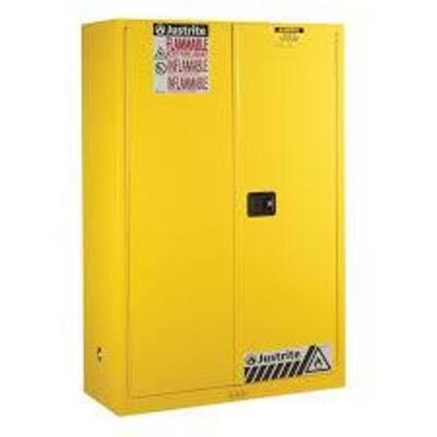 DESCRIPTION: (1) FLAMMABLE SAFETY CABINET BRAND/MODEL: JUSTRITE/894520 INFORMATION: YELLOW/CAPACITY: 45 GAL SIZE: 60.5"H X 39.5"W X 14.6"D RETAIL$: 1,