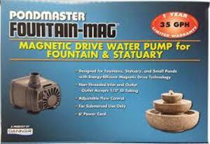 DESCRIPTION: (2) MAGNETIC DRIVE WATER PUMP BRAND/MODEL: PONDMASTER POND-MAG INFORMATION: 35 GPH, FOR FOUNTAIN SIZE: 6' POWER CORD RETAIL$: $32.08 EA Q