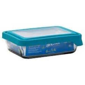 DESCRIPTION: (1) GLASS STORAGE CONTAINER BRAND/MODEL: ANCHOR HOCKING INFORMATION: CLEAR WITH TEAL RETAIL$: $12.87 EA QTY: 1