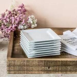 DESCRIPTION: (2) SETS OF (8) SQUARE APPETIZER PLATES BRAND/MODEL: BETTER HOMES AND GARDENS #BH13-040-099-04-COM INFORMATION: WHITE SIZE: 5" RETAIL$: $