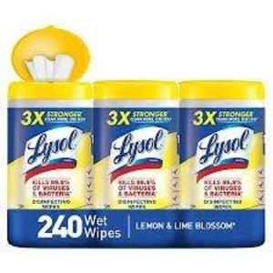 DESCRIPTION: (6) DISINFECTING WIPES BRAND/MODEL: LYSOL INFORMATION: LEMON LIME SIZE: 80 WIPES PER CONTAINER RETAIL$: $7.00 EA QTY: 6
