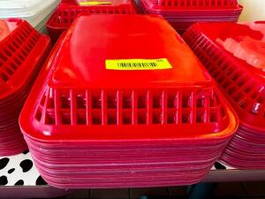 DESCRIPTION (12) RED PLASTIC FOOD BASKETS LOCATION COUNTER QTY 12